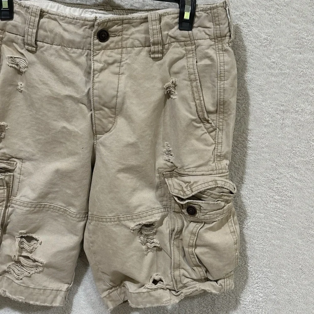 Y2K Abercrombie & Fitch Mens 31 Button Fly Cargo Shorts Khaki Distressed Baggy